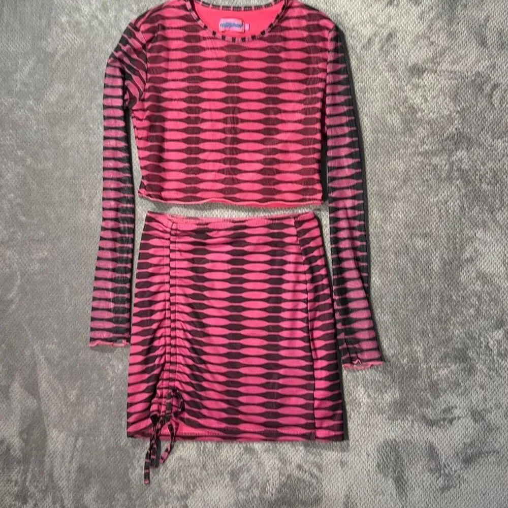 Edikted Pink Black Zebra Mesh 2 Piece Set Crop Top Ruched Mini Skirt Size M Y2K